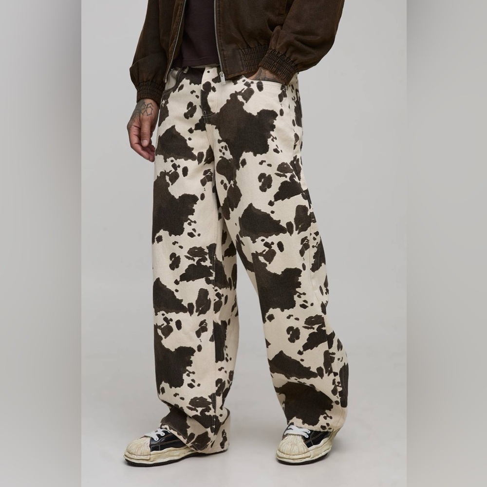 BoohooMAN Tall Washed Baggy Fit Cow Print Jeans
